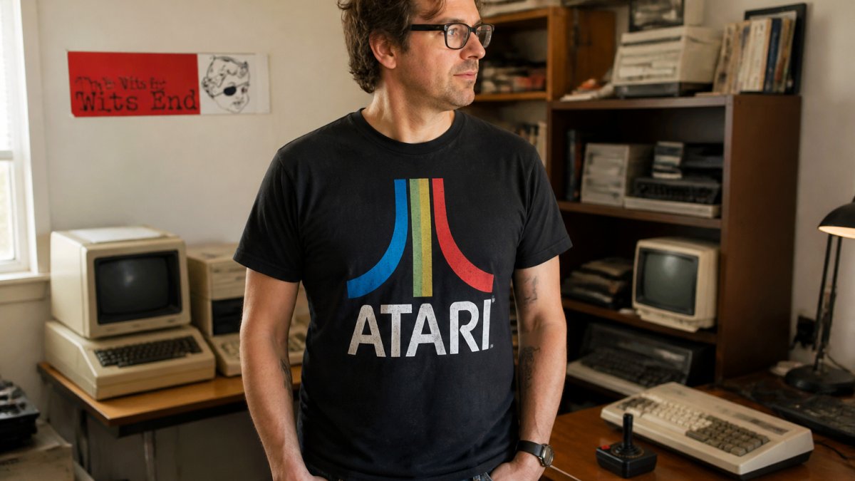 Person wearing retro Atari-themed graphic tee standing in casual home environment with vintage computer equipment visible in background, showcasing the shirt design clearly