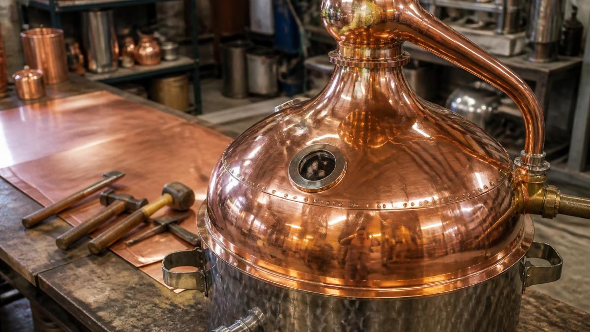 Hand-crafted copper pot still with riveted seams serving as quality distillation equipment on a workshop bench