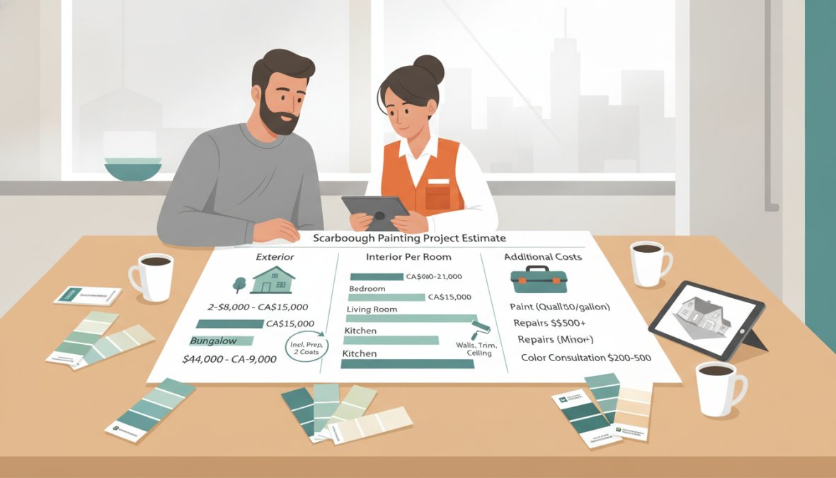 A homeowner and a professional painting contractor reviewing a detailed project proposal together at a kitchen table in a well-lit Toronto home, with Benjamin Moore and Sherwin-Williams paint swatches and colour samples spread out nearby