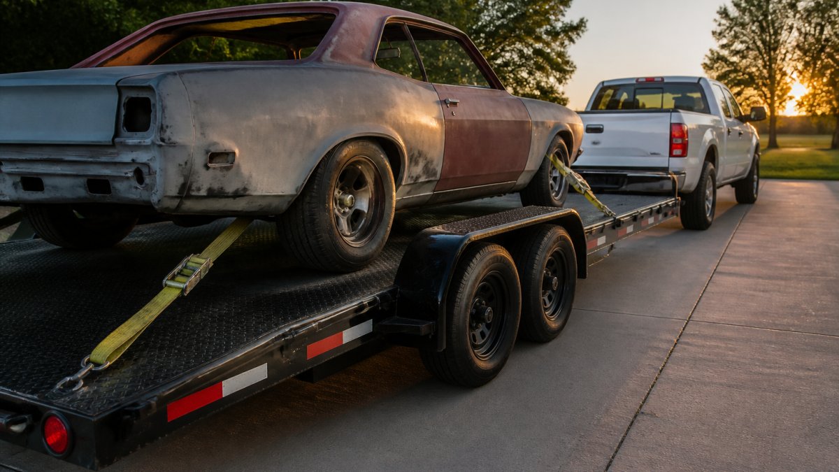 A car hauler trailer parked on a concrete driveway with a classic project car partially loaded, ratchet straps running over the tires, a pickup truck hitched in front, late afternoon light