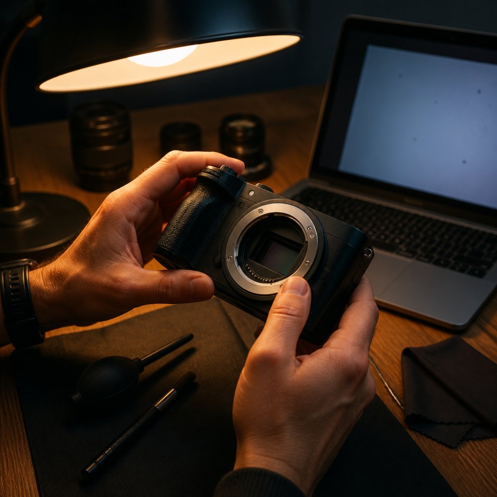 Close-up of a photographer's hands holding a mirrorless camera body with the lens removed, inspecting the exposed sensor under a bright desk lamp in a dim room, tools and a laptop showing a test image nearby