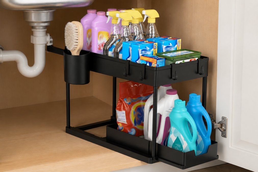 Close-up of an organized under-sink cabinet with a 2-tier sliding organizer containing spray bottles, cleaning cloths, and storage containers neatly arranged and partially pulled out