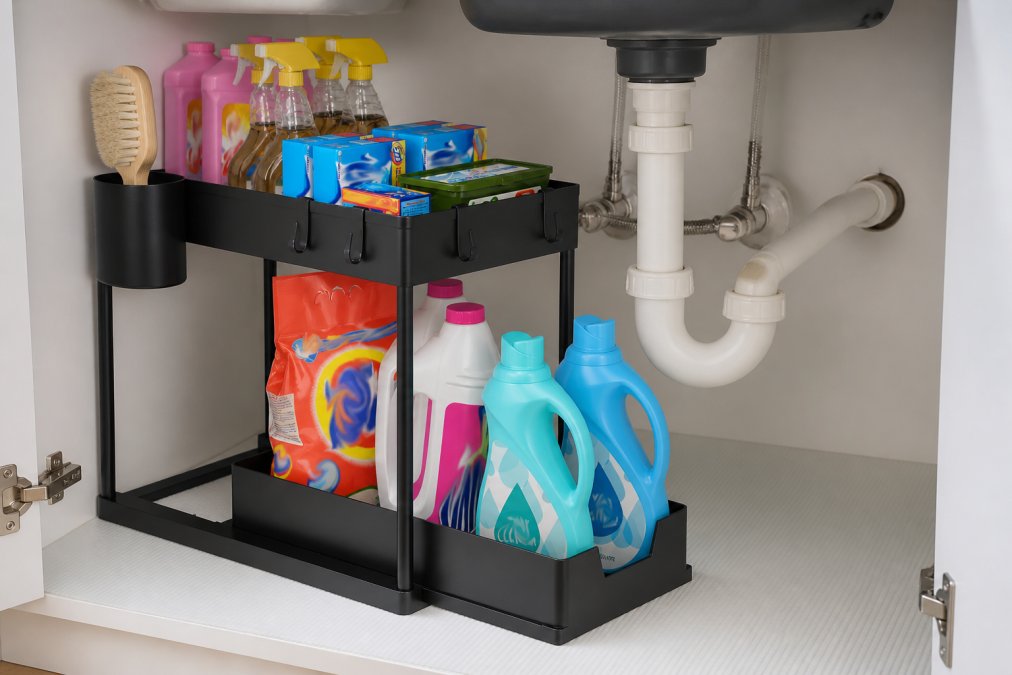 Organized under-sink area showing storage containers and bins positioned strategically around visible P-trap plumbing, with cleaning supplies and organizers maximizing available side spaces