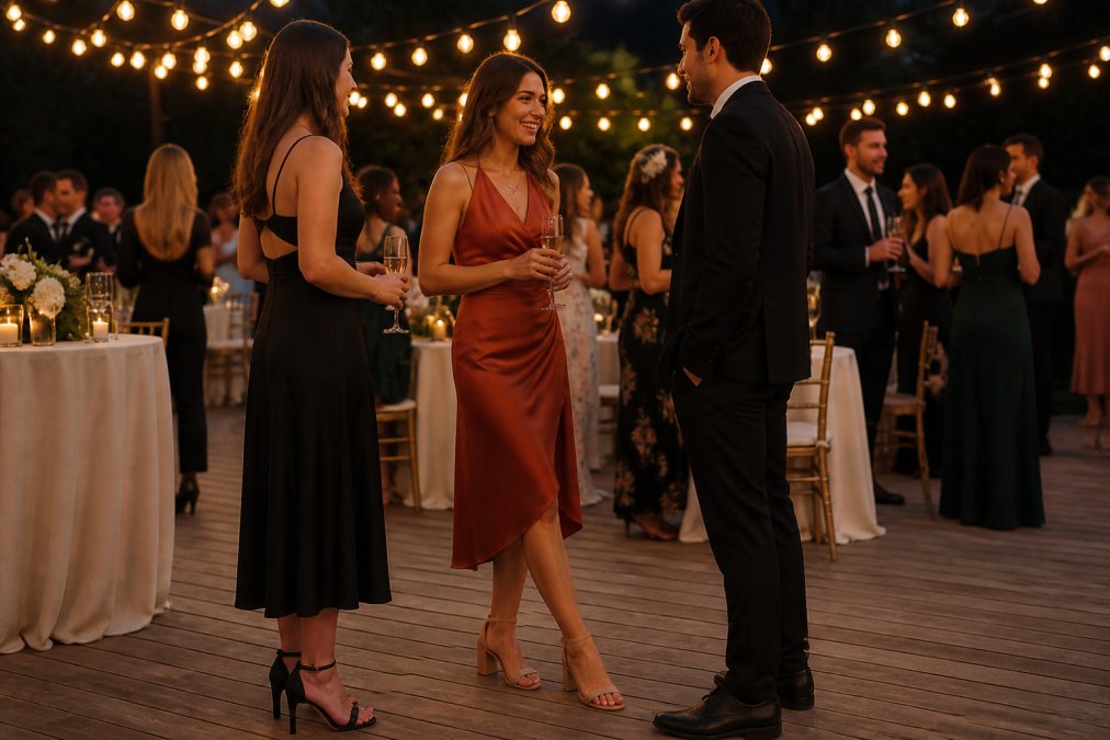 A stylish woman in an elegant dress and comfortable block heels standing confidently at a wedding reception, smiling and talking with guests under warm string lights