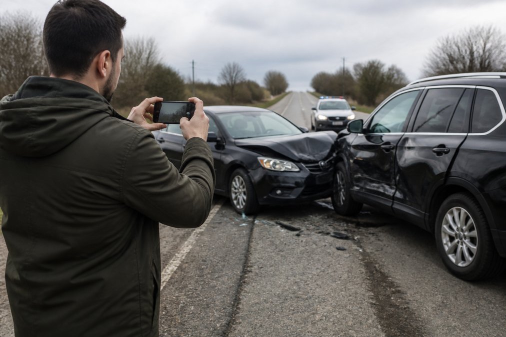 A person standing at the edge of a car accident scene using a smartphone to photograph vehicle damage and road conditions from multiple angles, overcast afternoon light, police cruiser blurred in the background