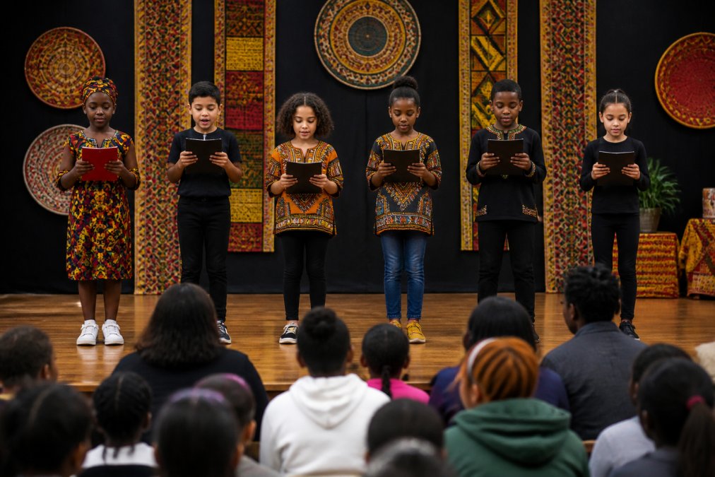 A group of diverse elementary school students performing a spoken word poem on a stage decorated with colorful African-inspired patterns, with an audience of classmates and teachers watching