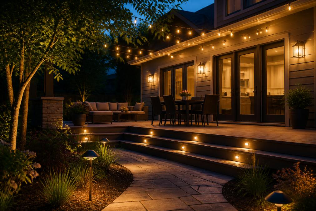 Residential patio at dusk using layered lighting to light up your patio with string lights, sconces, and path lights.