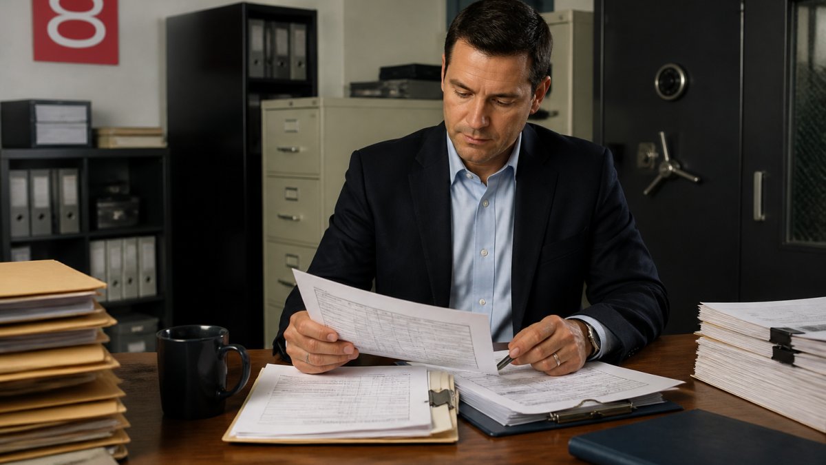 Procurement officer reviewing compliance documentation and export control forms at a desk in a secure government office with filing cabinets and secure storage visible