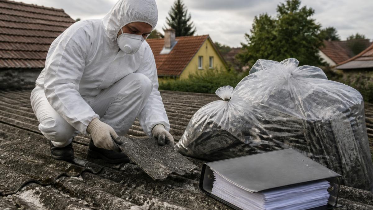 Certifikovaný odborník v bílém ochranném obleku, respirátoru a rukavicích kontroluje azbestový materiál na střeše, vedle něj leží složka s dokumenty a průhledné obaly s odpady