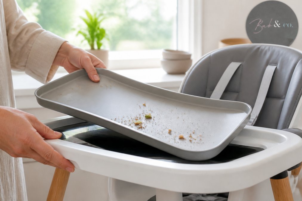 Close-up of a parent's hands lifting a removable silicone tray insert off a high chair tray, food debris visible on the insert, bright kitchen window light behind