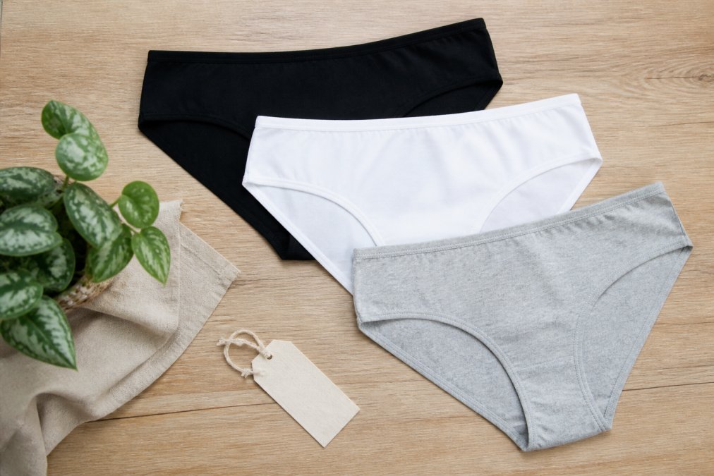 A flat lay of women's cotton underwear in black, white, and gray arranged neatly on a light wooden surface with a small green plant and a fabric care tag nearby