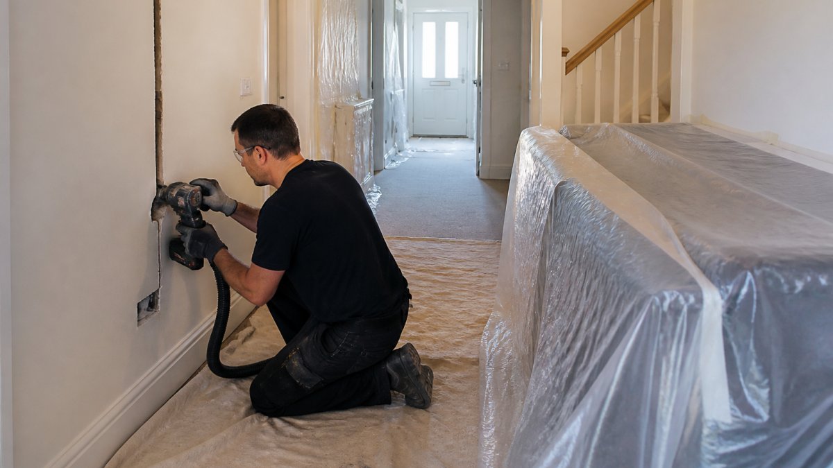 Electrician using protective dust sheets to minimise rewiring disruption in a domestic hallway.