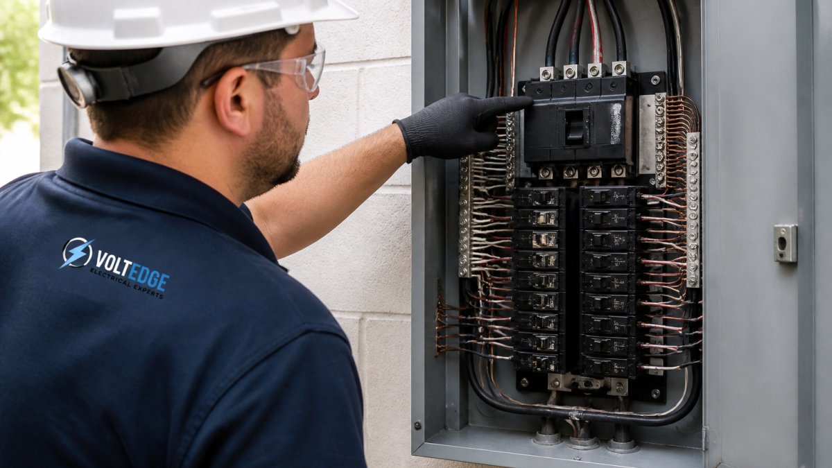Close-up of an electrical panel with circuit breakers and wiring, showing a licensed electrician pointing to the service entrance and main breaker during an inspection