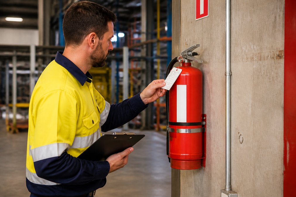 Fire protection technician inspecting and tagging an extinguisher to follow fire safety tips in a factory