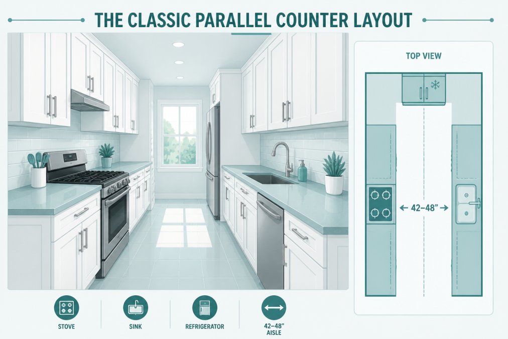 Modern galley kitchen with parallel counters on both long walls, white inset cabinetry with brushed nickel handles, stove and sink positioned opposite each other, refrigerator at the far end, bright natural light streaming through a window at the end of the corridor