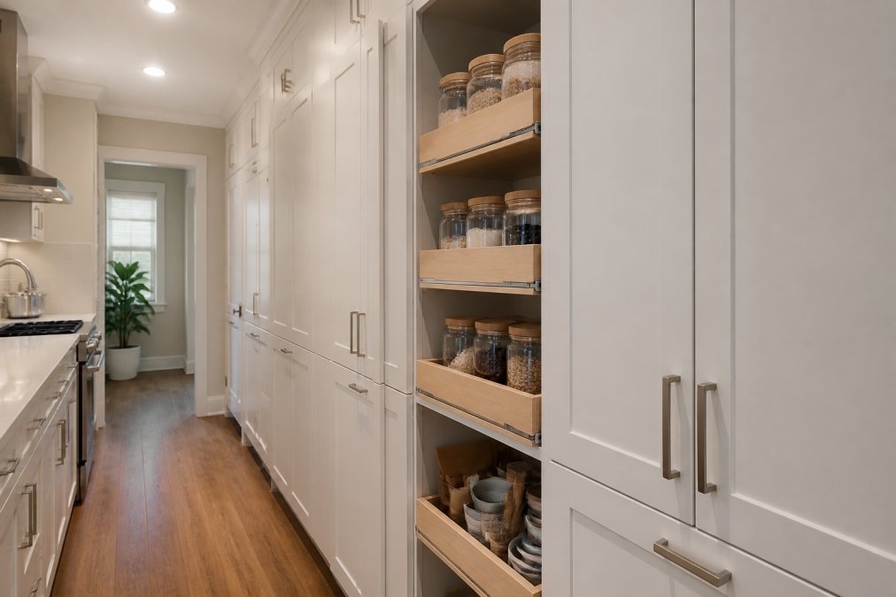Close-up of ceiling-height custom inset cabinetry with soft-close pull-out pantry shelves, handleless cabinet doors in white with brushed nickel hardware, organized rows of glass containers and kitchen items on shelves, professional kitchen lighting