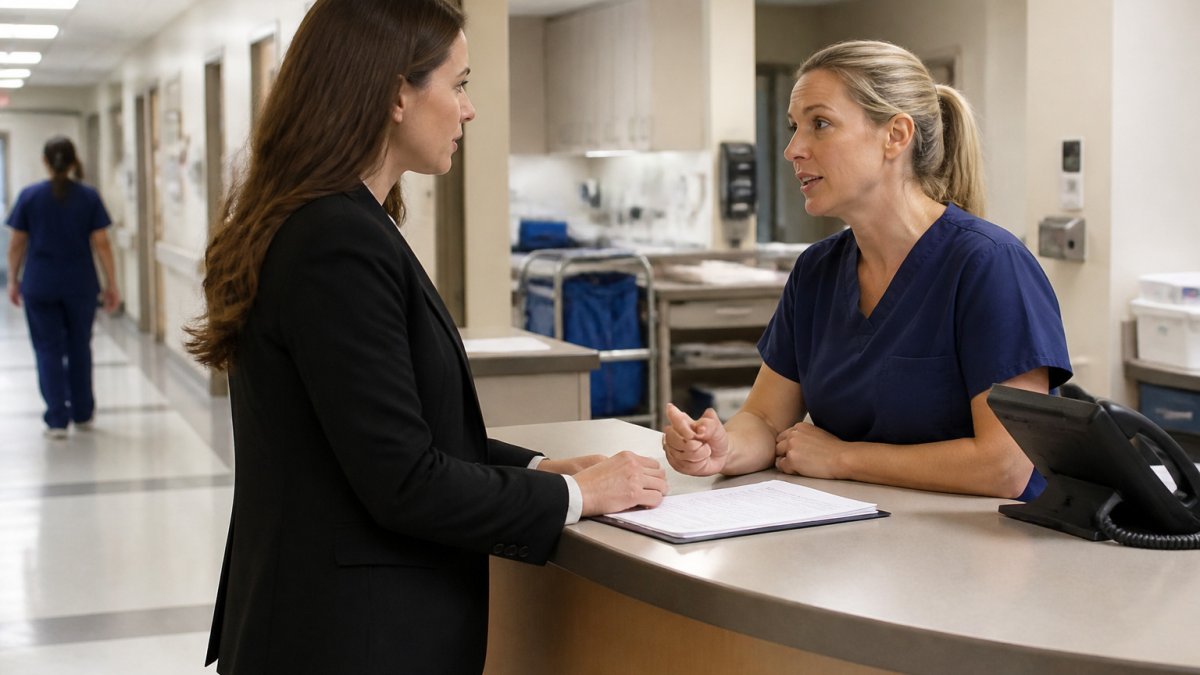 Home health liaison meeting a hospital discharge planner to discuss home health patient acquisition strategies.