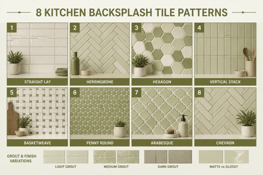 Close-up of a kitchen backsplash showing multiple tile patterns installed side by side, subway tile in straight lay, herringbone pattern, and geometric hexagon tiles, with varying grout colors and finishes in natural light