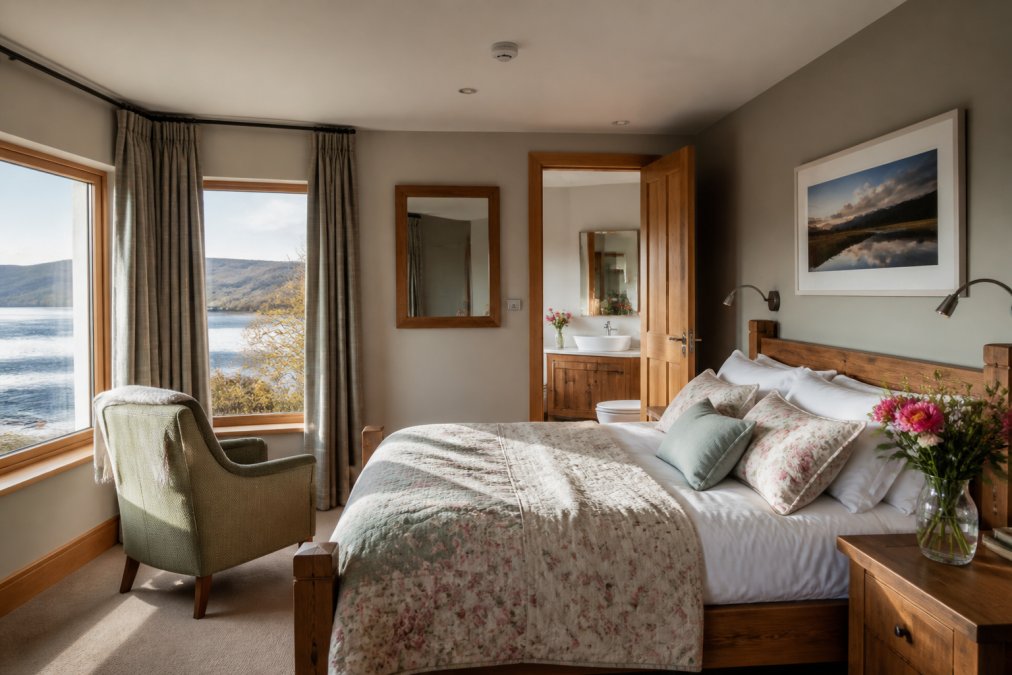 Cosy luxury bedroom with handmade bed, soft morning light streaming through windows overlooking loch views, ensuite bathroom visible through open door, fresh flowers on wooden bedside table
