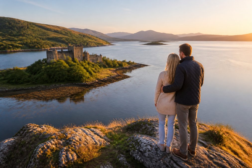 Couple standing at scenic viewpoint overlooking Dunvegan Castle and surrounding loch landscape at golden hour, warm evening light, peaceful and romantic atmosphere