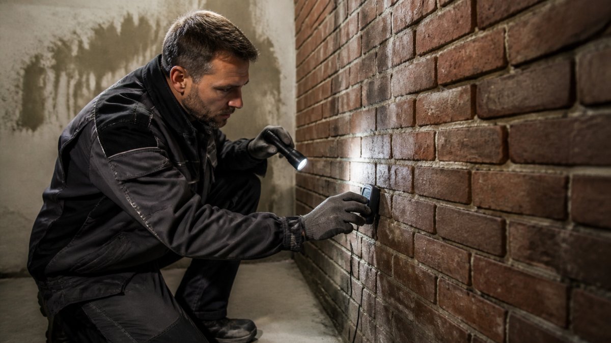Vakman in werkkleding inspecteert een spouwmuur met vochtmeter en zaklamp, zichtbare vochtsporen op de binnenmuur achter hem in gedimde werkruimte