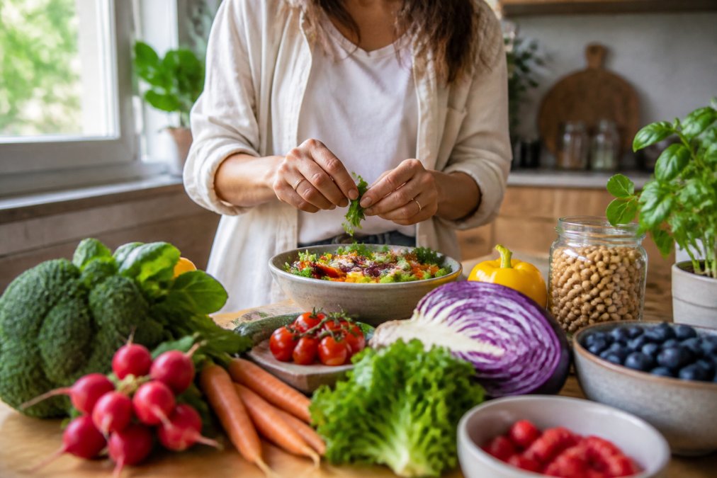 Iemand bereidt een gezonde maaltijd met verse groenten en fruit voor 8 manieren om weerstand te verhogen op een snijplank.