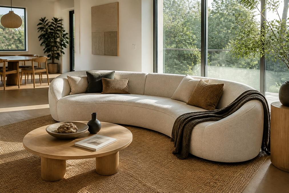A bright modern living room with a cream-colored curved sofa, round oak coffee table, and soft natural light streaming from large windows onto a jute rug
