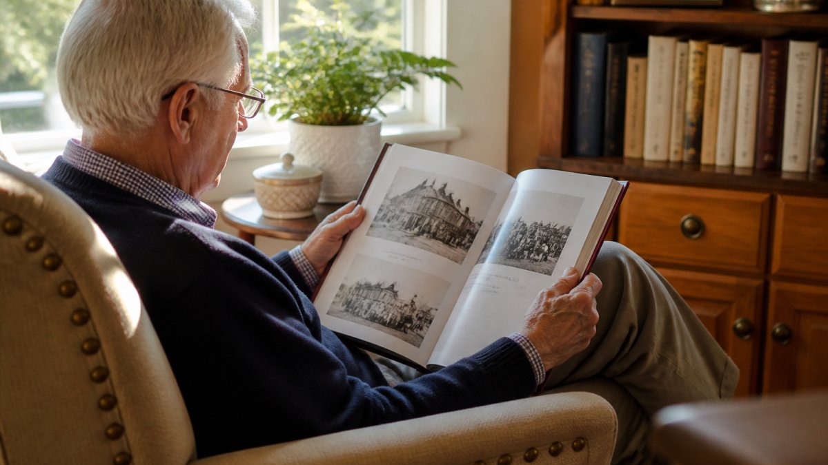 Older adult sitting in a comfortable armchair, reading a book with period photographs visible on the pages, warm natural light streaming through a nearby window, suggesting quiet reflection and engagement with historical content