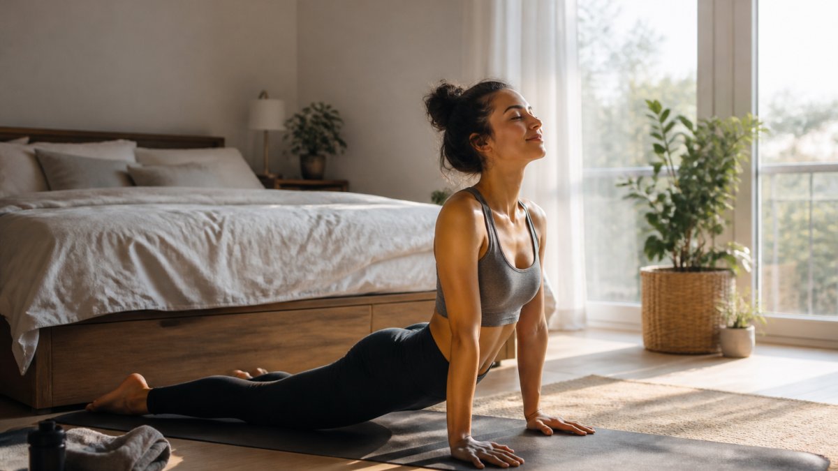 Person performing energizing yoga stretches in sunlit bedroom with natural morning light, appearing alert and engaged