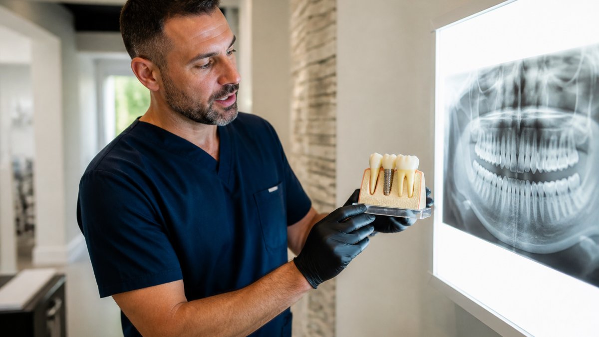 Close-up of a dentist's gloved hands positioning a dental implant model beside a patient's jaw X-ray on a light box in a clinical office