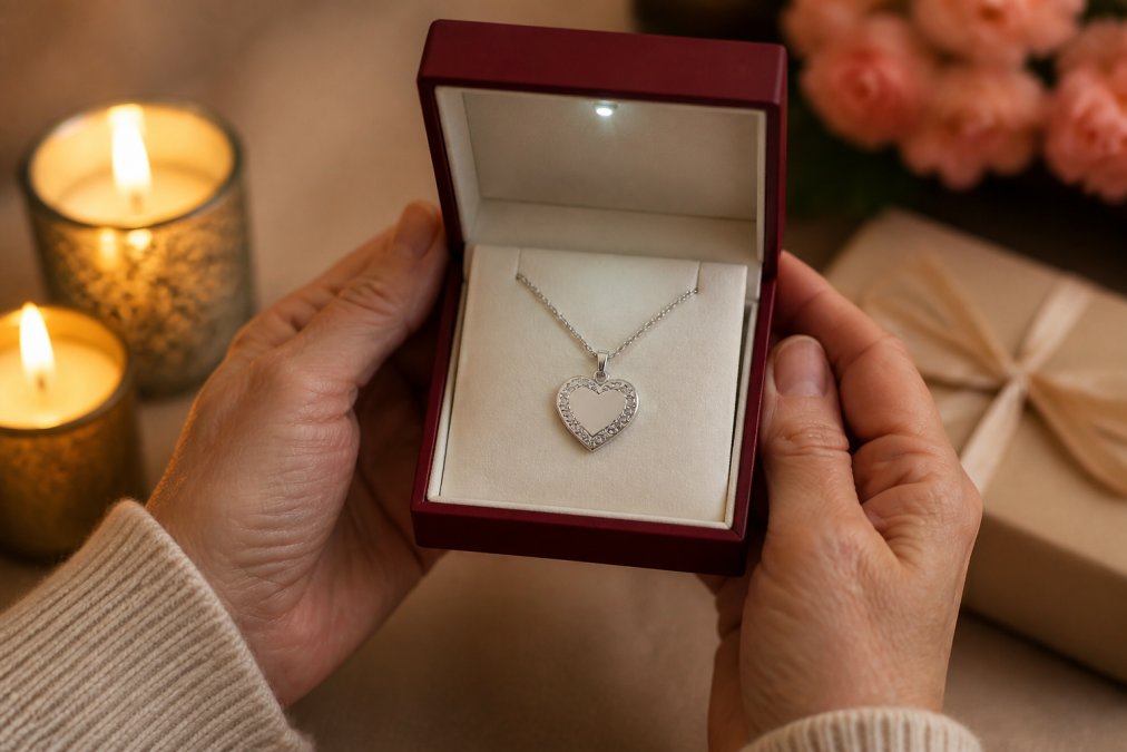 Close-up of hands holding an open jewelry box displaying a delicate engraved heart necklace with soft lighting and blurred warm background
