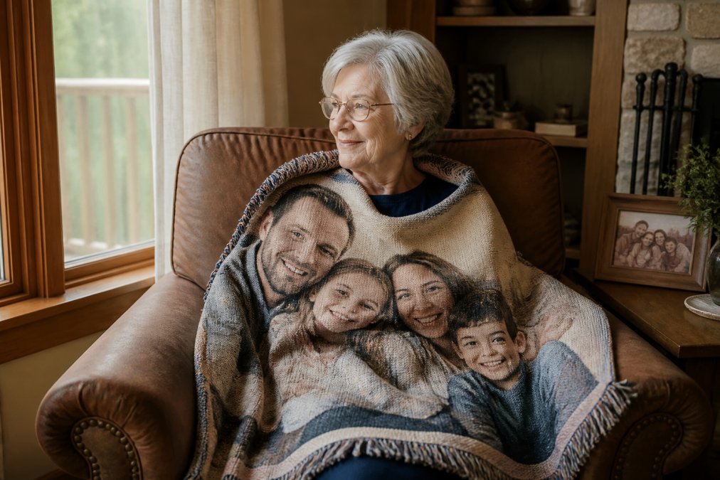 Elderly woman wrapped in a custom woven blanket featuring a family photo, sitting in a cozy armchair by a window with natural light