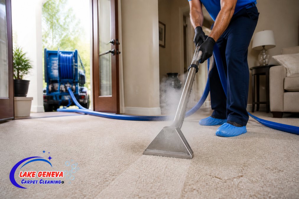 A technician's gloved hands guiding a professional carpet cleaning wand across a beige carpet, hot water mist visible, with a truck-mounted unit hose leading out the door