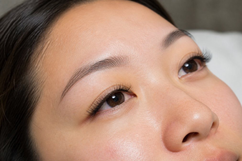 Close-up of a woman’s eye featuring wispy, tapered natural lash extensions in a bright, clean salon setting.