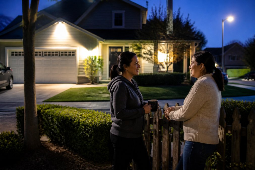Exterior of a residential home at dusk with a bright motion-activated flood light illuminating the front door and driveway