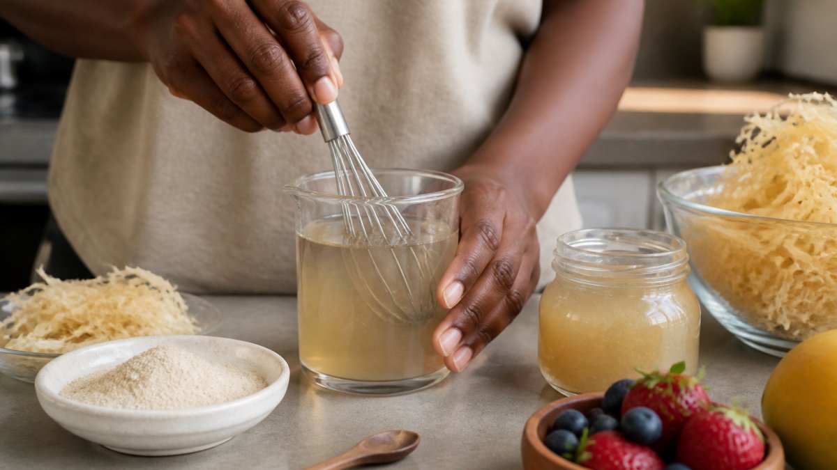 Hands whisking sea moss powder into warm water with gel and fruit nearby