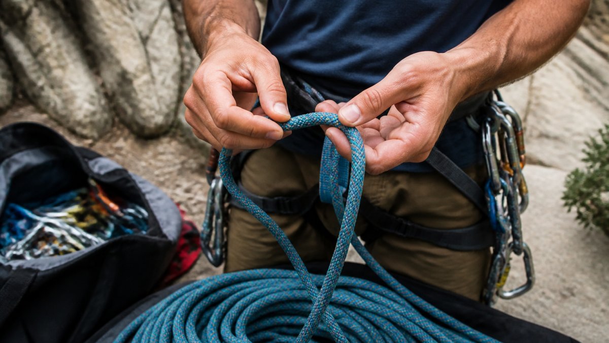 Climber feeling a rope for sheath damage while at a crag with gear in the background