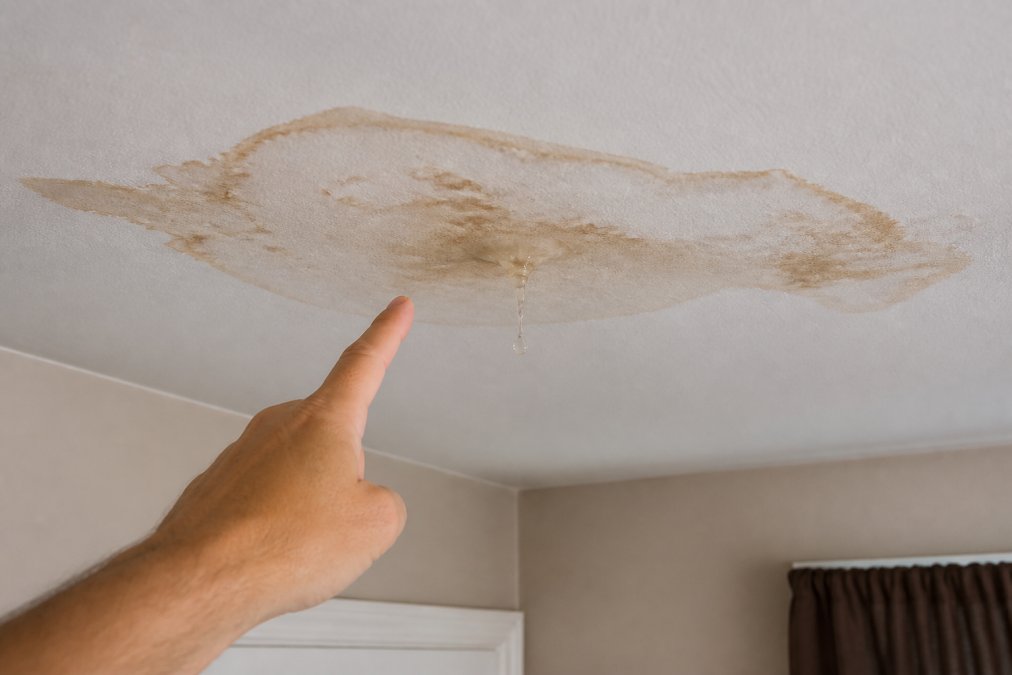 A homeowner's hand pointing at a brown water stain spreading across a white drywall ceiling, with a small drip forming at the center