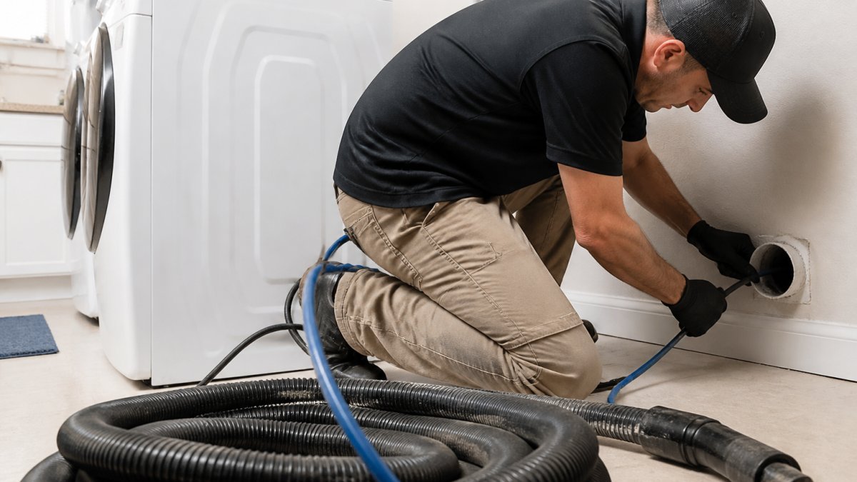 A technician in work clothes using a long flexible brush and vacuum hose to clean a dryer vent duct behind a residential dryer, with hoses and tools visible in a bright laundry room
