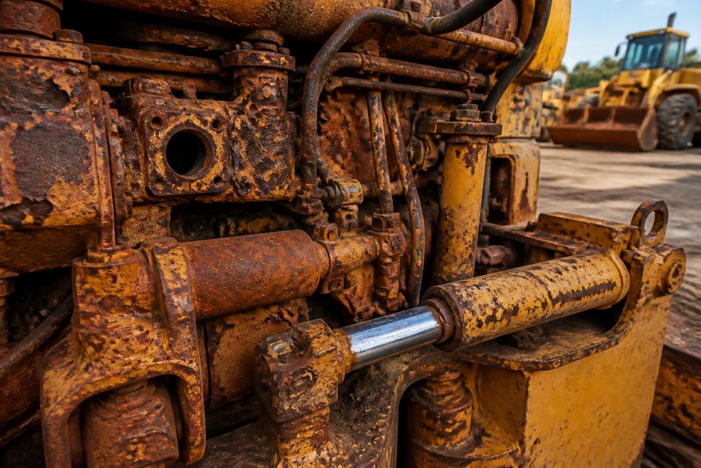 Close-up of corroded metal on heavy equipment showing deep rust and pitting on engine block and hydraulic components in industrial yard setting