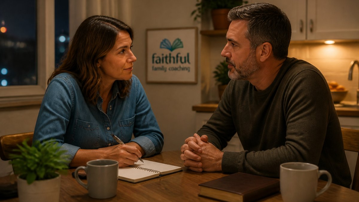 A married couple in their forties sitting across from each other at a kitchen table, one holding a notebook, both leaning in with open, attentive expressions in soft evening light
