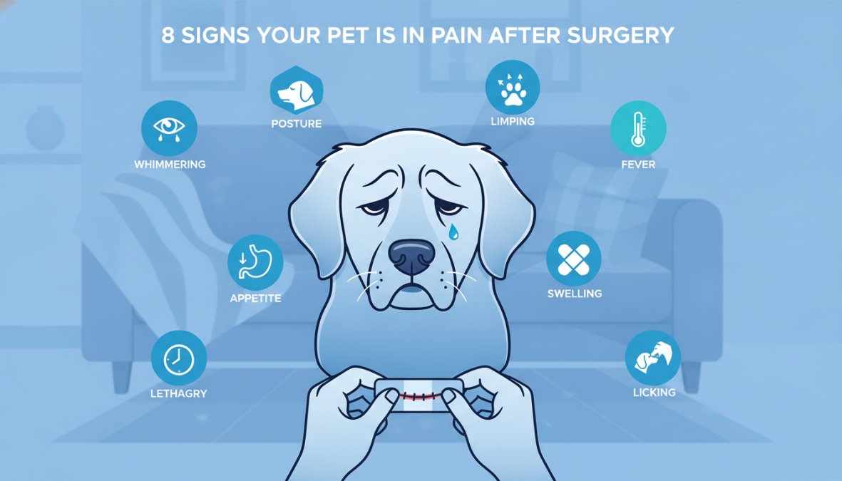 Professional illustration showing 8 signs your pet is in pain after surgery