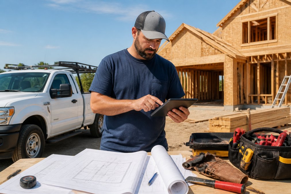 Contractor in the field on a residential job site using a mobile tablet to complete a digital work order, with blueprints, tools, and a truck visible in the background, natural daylight