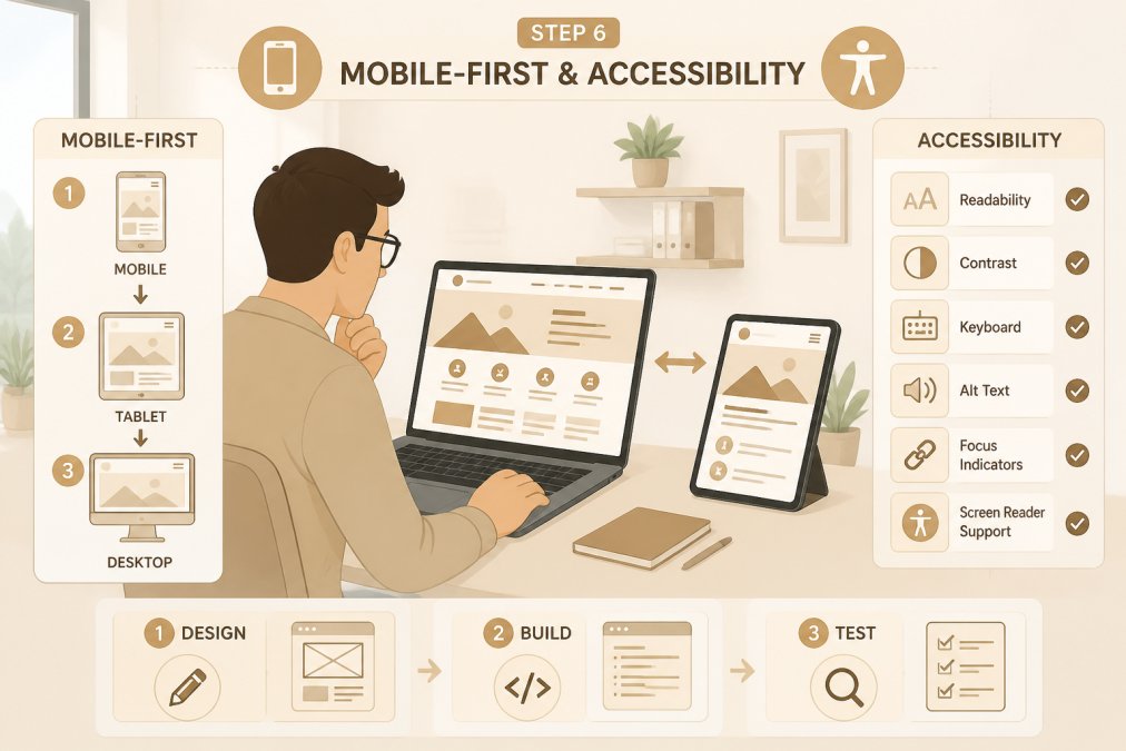 Web designer reviewing website mockups on laptop and tablet, comparing mobile and desktop layouts in a bright modern office with natural light