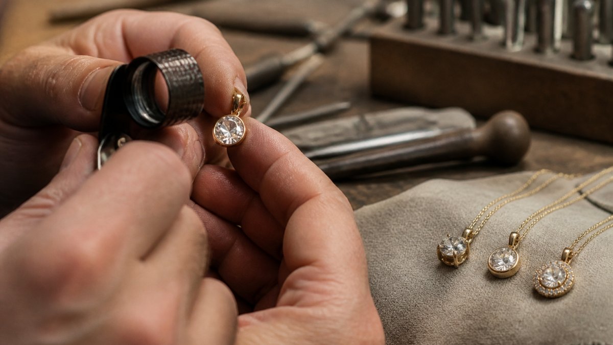 Jeweler holding a magnifying loupe over a gold diamond pendant on a wooden workbench with tools
