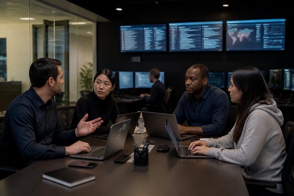 IT security team members collaborating around a conference table with laptops and monitors, reviewing security alerts and incident data in a modern enterprise operations center