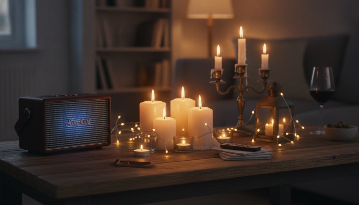 A well-lit living room during an evening gathering with warm ambient lighting, guests mingling in small groups, soft background music playing, and a relaxed party atmosphere