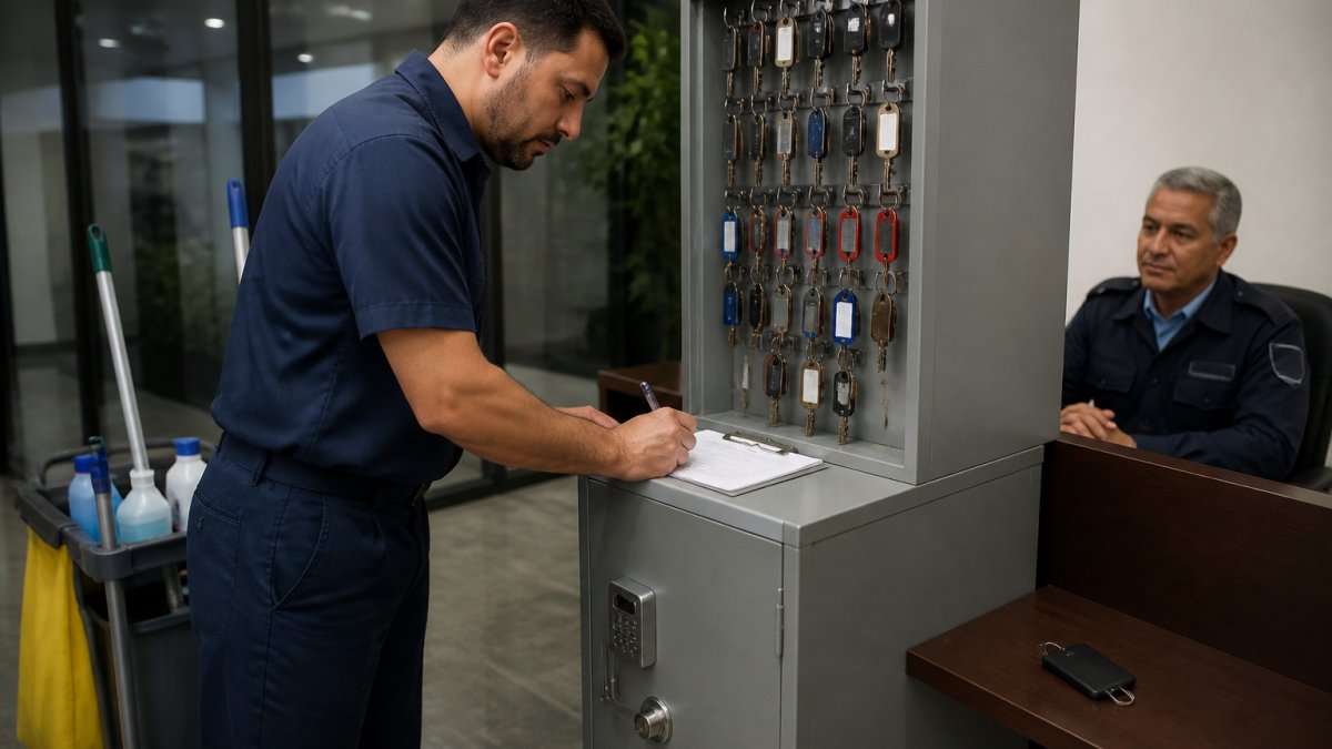 Cleaning crew member signing into a key cabinet during after-hours office cleaning in a secure building lobby