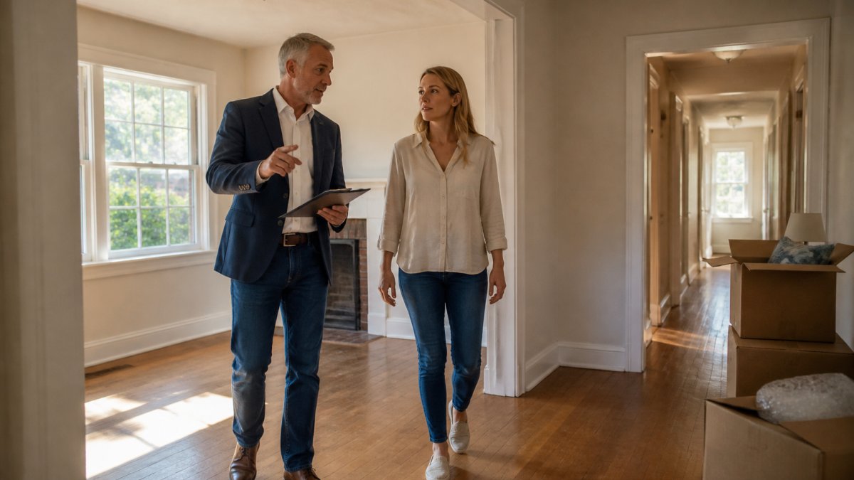Real estate agent and heir reviewing repairs for probate property sales in an empty family home.