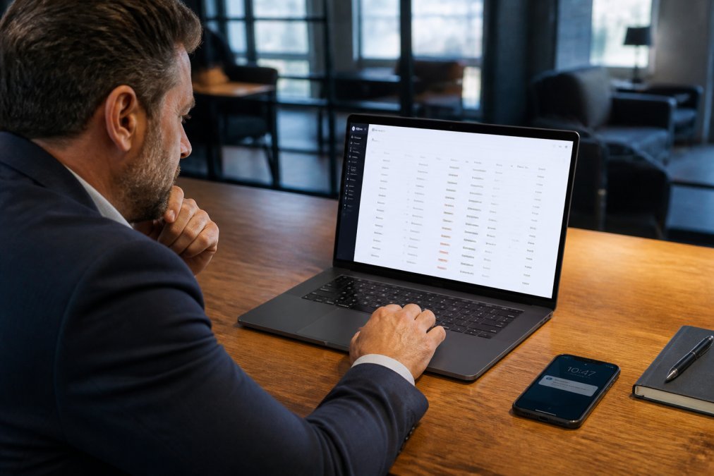 A sales manager reviewing a dashboard on a laptop showing lead routing automation, with a smartphone displaying an SMS notification nearby in a modern office setting